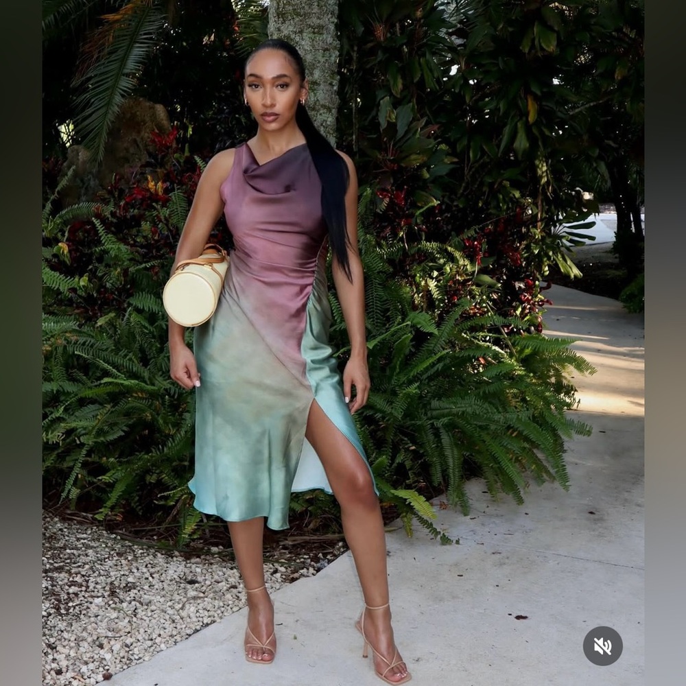 Zara dress midi satin tie dye fitted bodycon casual evening wedding cowl neck - Picture 2 of 13